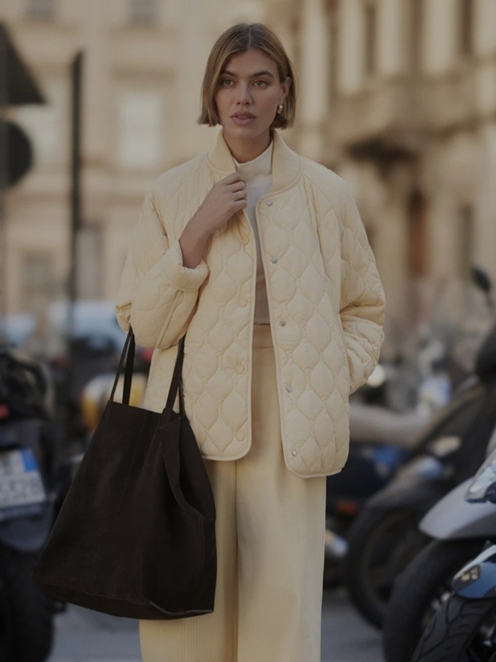 Varley Cream Quilted Snap-Front Puffer Jacket